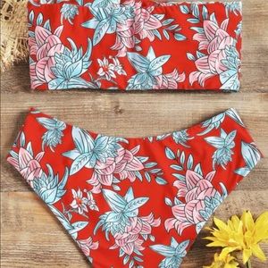 Red Floral High Waisted Swim Suit Pair